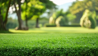 Naklejka premium Green grass in the foreground, blurred garden background