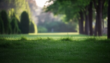 Obraz premium Green grass in the foreground, blurred garden background