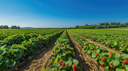 Wide-angle view of a strawberry farm with rows of strawberry plants under a clear blue sky