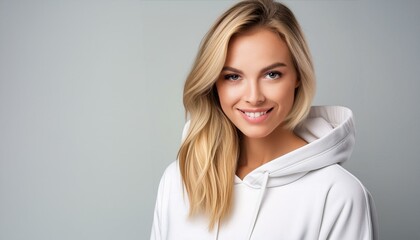 Obraz premium Young woman in white hoodie with space for text