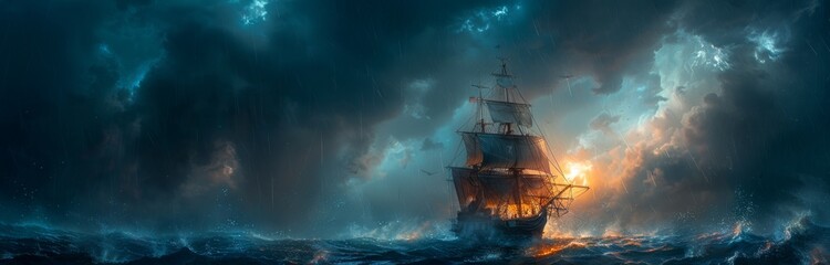 Obraz premium Old sailing ship navigating through a stormy sea. Concept of adventure and exploration. Banner with copy space