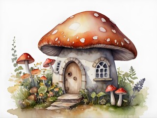 Flower fairy and mushroom house painted in watercolor