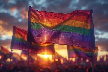 Crowd celebrating LGBTQ+ pride at sunset with waving rainbow flags symbolizing unity, diversity, equality, and love, captured in a vibrant and colorful photograph