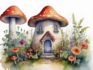 Flower fairy and mushroom house painted in watercolor