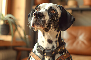 Spotted Dalmatian wearing reflective leash and harness, sitting obediently at home in a well-lit living room with modern sofa, decorative plant, dog spots prominently displayed in the bright light.