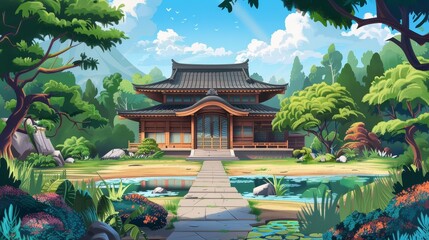 Fototapeta premium Asian classical old fashion house illustration wallpaper background 