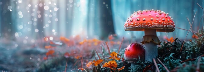 Magic fairytale big mushrooms in mist forest illustration wallpaper background