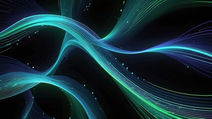 Abstract periwinkle and green waves on black background, digital and futuristic