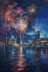 Naklejka premium Fireworks over downtown Tampa skyline reflecting on waterfront during nighttime celebration event