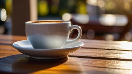 Fototapeta premium White cup of coffee on a sunlit patio table with a warm, inviting atmosphere