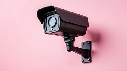 Black CCTV camera on pink background, symbolizing modern surveillance and security
