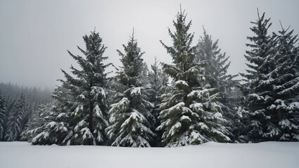 Naklejka premium Group of evergreen trees dusted with snow, evoking a peaceful, serene winter scene