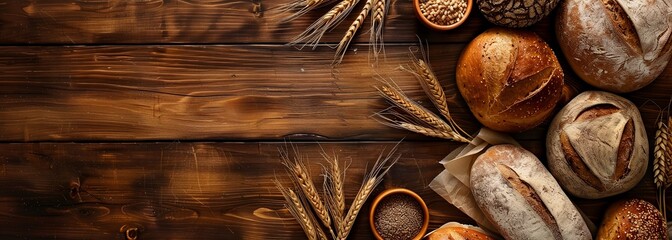 Assorted bread on wooden background. Rustic bread
