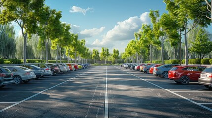 Parking lot with rows of cars and green trees. Transportation and environment concept