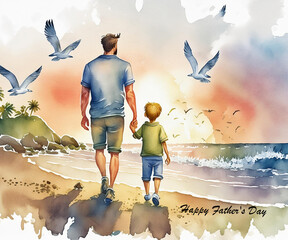 A serene watercolor painting of a father and son gazing at a sunset with birds flying in the sky, capturing their love and bond. The concept, celebrate happy father