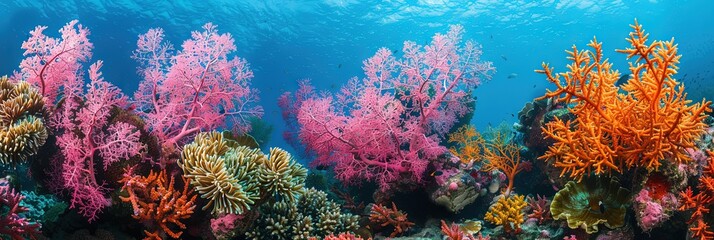 Fototapeta premium Colorful coral reef - tropical underwater fish at the bottom of the ocean floor with blue water