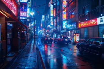 Neon-lit Night in Downtown Shinjuku Tokyo - Wide View Street Scene