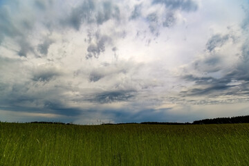 Summer hot day, sky cloud structure, countryside fields