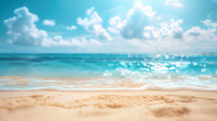 Obraz premium Abstract blur defocused background featuring sun rays on a tropical summer beach. Beach with golden sand, ocean, and a blue sky with white clouds in it