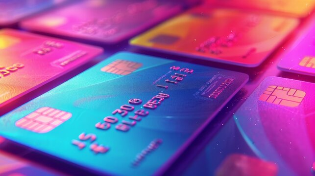 Multiple colorful credit cards in a grid pattern. Macro shot for financial and payment concepts.