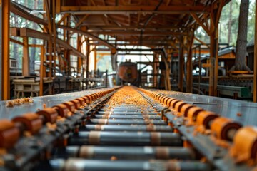 Empty sawdust-covered conveyor belt in a wood processing factory. Perspective shot for industrial and manufacturing concepts.