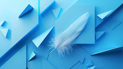 Fototapeta premium Abstract geometric blue background with triangles and rectangles of paper and a light air feather in balance on the edge of the paper edge. 