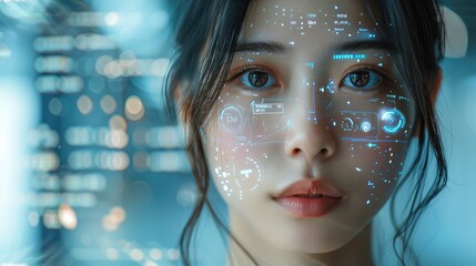 Futuristic Interface Displaying Facial Biometric Data and Digital Aesthetic Panels for Advanced Face Scan Technology