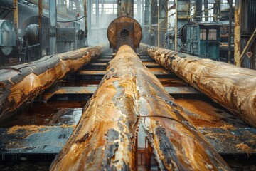 Large wooden logs being processed in an industrial sawmill. Perspective shot for industrial and wood processing concepts.