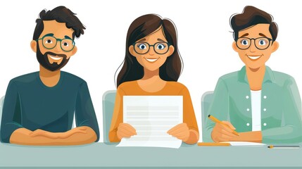 Productive Business Meeting: Cartoon Illustration of Three Business People Discussing a Contract