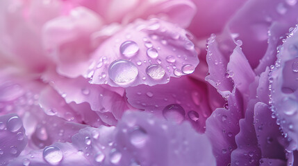 Beautiful water droplets on a close-up macro of a pink and lavender petalled peony set against an abstract natural background. a delicate, airy, graceful, and softly focused creative image.
