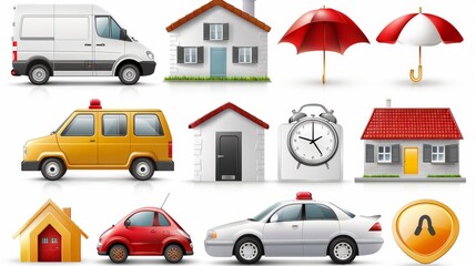 Naklejka premium Colorful Symbols of Transport and Safety. Illustration of various vehicles, houses, and safety icons, including cars, vans, houses, clocks, and umbrellas, on a white background.