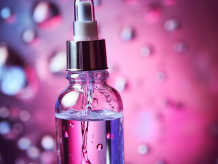 Woman Dropping Serum on Face. Women's Skin and beauty care,  Girl Applying Serum Collagen Moisturizer from Pipette on Face close up. Positive Laughing Beauty Woman Portrait. Concept of Skin Care