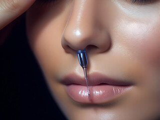 Obraz premium Woman Dropping Serum on Face. Women's Skin and beauty care, Girl Applying Serum Collagen Moisturizer from Pipette on Face close up. Positive Laughing Beauty Woman Portrait. Concept of Skin Care