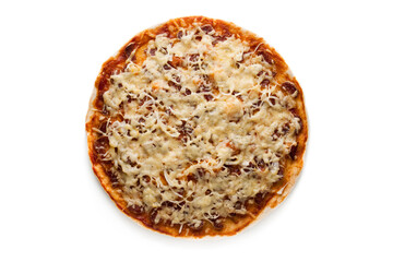 Pizza with cheese, sausage and onions isolated on white background