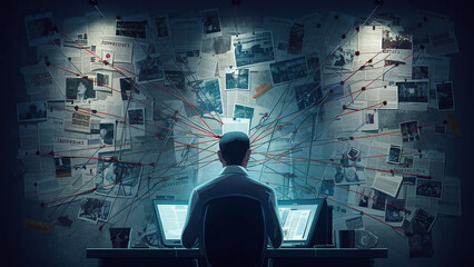 illustration of paranoia conspiracy wall, a conspiracy theorist's investigative board, obsessive and irrational thoughts