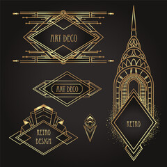 Art Deco vintage gold and silver design element over black. Retro party geometric background set in 1920s style. Vector illustration for glamour party, thematic wedding or textile prints.