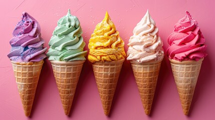 Colorful Ice Cream Cones: A Vibrant Array of Ice Cream Cones on a Pink Background