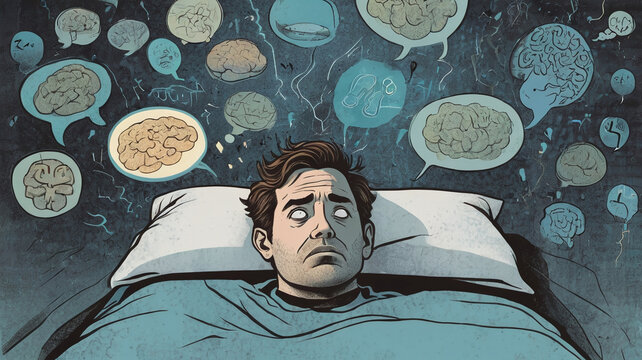 illustration of a man lying in bed having racing thoughts, insomnia, anxiety disorders, mental turmoil 