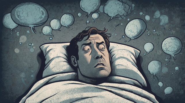 illustration of a man lying in bed having racing thoughts, insomnia, anxiety disorders, mental turmoil 