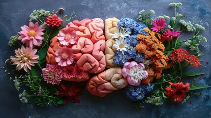 Floral Mindfulness: A Top View of a Human Brain Made from Colorful Flowers, Symbolizing Mental Health and Self-Care