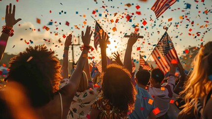 Capture the sense of community during an Independence Day parade with diverse attendees waving American flags under a clear sky Realistic with a festive vibe