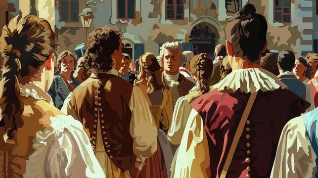 Capture the essence of an Independence Day celebration with a realistic illustration of people in colonial attire from a rear perspective Ensure the historical accuracy of the atti
