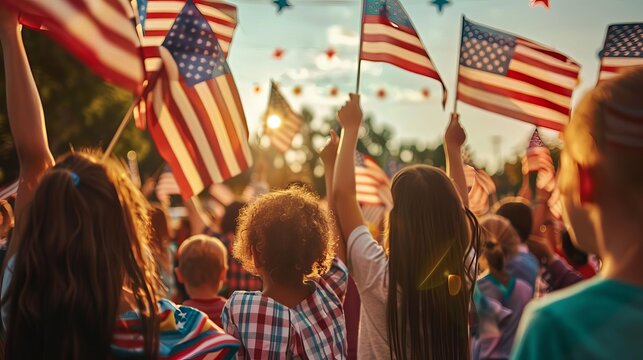 Capture the sense of community during an Independence Day parade with diverse attendees waving American flags under a clear sky Realistic with a festive vibe