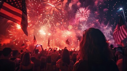 Craft a realistic and lively image of a joyful event, where individuals are celebrating under a canopy of fireworks with American flags proudly displayed in the backdrop