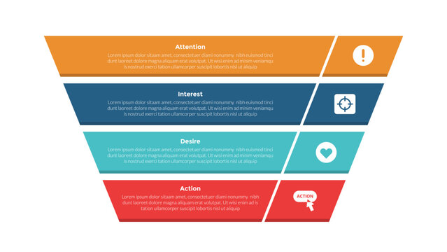 AIDA marketing funnel infographics template diagram with creative funnel pyramid reverse block with 4 point step design for slide presentation