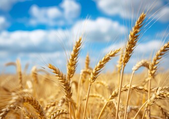 Fototapeta premium A closeup of golden wheat ears swaying in the wind, set against an expansive field with blue sky and white clouds.