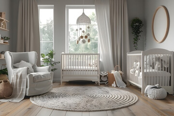 Modern beige nursery with white crib, grey rocking chair, patterned rug, changing table with storage, bookshelf with children's toys, large window with blackout curtains, and soft cozy atmosphere