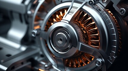 Close-up view of a high-tech metallic machine part featuring intricate gears and copper coils, showcasing industrial engineering and precision mechanics.