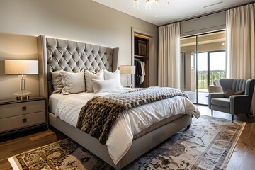 Fototapeta premium Elegant Bedroom Interior with Cozy Decor and Warm Lighting