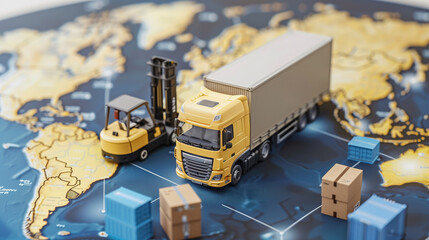 High-tech logistics truck on a digital map background, representing global supply chain and connectivity